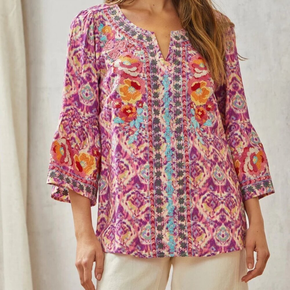 Savanna Jane Size Small boho Floral Embroidered Tunic Top Size Small